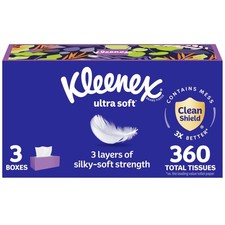 Kleenex Ultra Soft Facial Tissues, 3 Flat Boxes, 120 Tissues/Box, 3-Ply (360 Tis