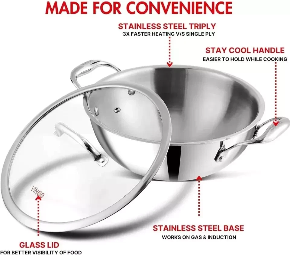Platinum Triply Stainless Steel Kadai Wok With Glass Lid Stir Fry Induction Base