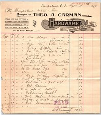 1897 Hempstead NY Hardware Billhead Theo. A. Carman Steam Gas Fitting