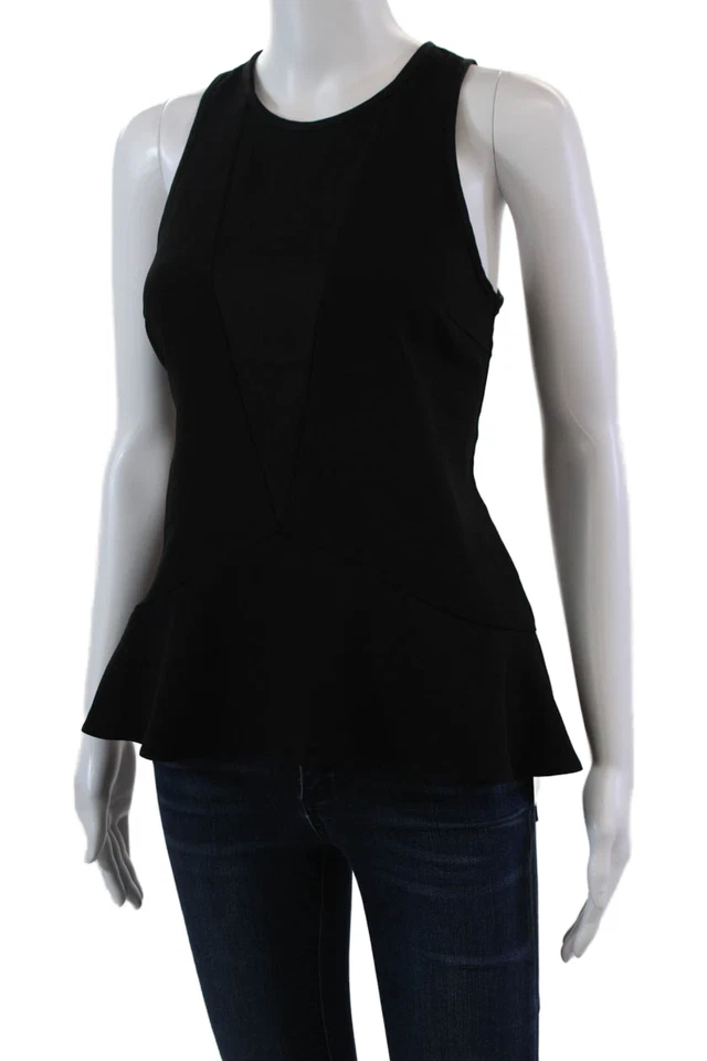 Camiseta sin mangas Trina Turk para mujer de seda cuello redondo sin mangas peplum negra talla pequeña Foto 2 de 4
