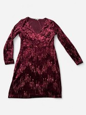 Charlotte Russe Burgundy Velvet Sequin Dress Long Sleeve V Neck Mini Dress M