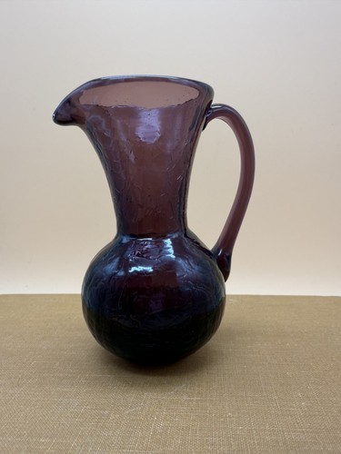 Vintage Amethyst Purple Crackle Glass Pitcher Hand Blown Creamer Vase 3.5" - Picture 5 of 15