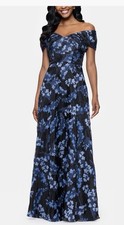 Betsy  Adam Blue Black Embroidered Floral Off the Shoulder Gown Size:8 299