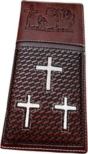Leather Long Wallet Western Cowboy Praying Cross Cow Hair Embossed Light Coffee