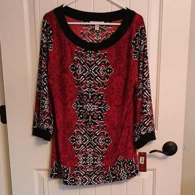 NWT Woman's JM Collection Red and Black Beaded Patterned Tunic, Size Large