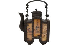 Antique Chinese pewter Teapot Glass Painted Panels