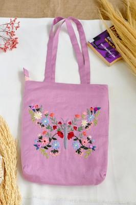 Handmade Tote Bag with ''Butterfly'' Embroidery  Purple