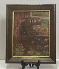 Rustic Primitive Rural Farm Barn & Water Barrel Brown Wooden Framed Art Print