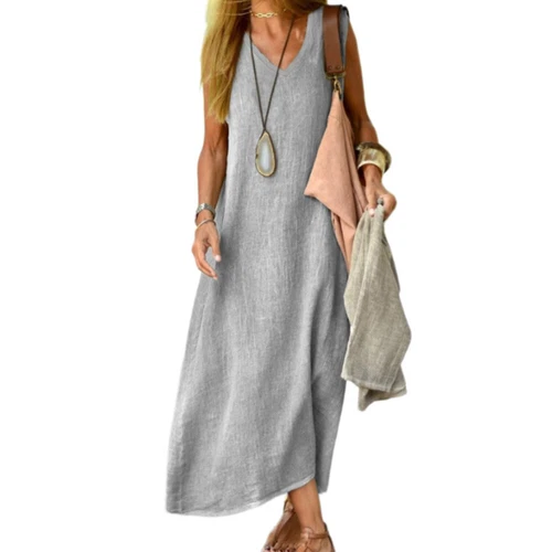 Maxi vestido sin mangas informal de lino de algodón liso para mujer con cuello redondo - Imagen 8 de 20