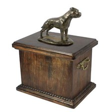 Solid Wood Casket English Staffordshire Bull Terrier Urn for Dog's ashes,