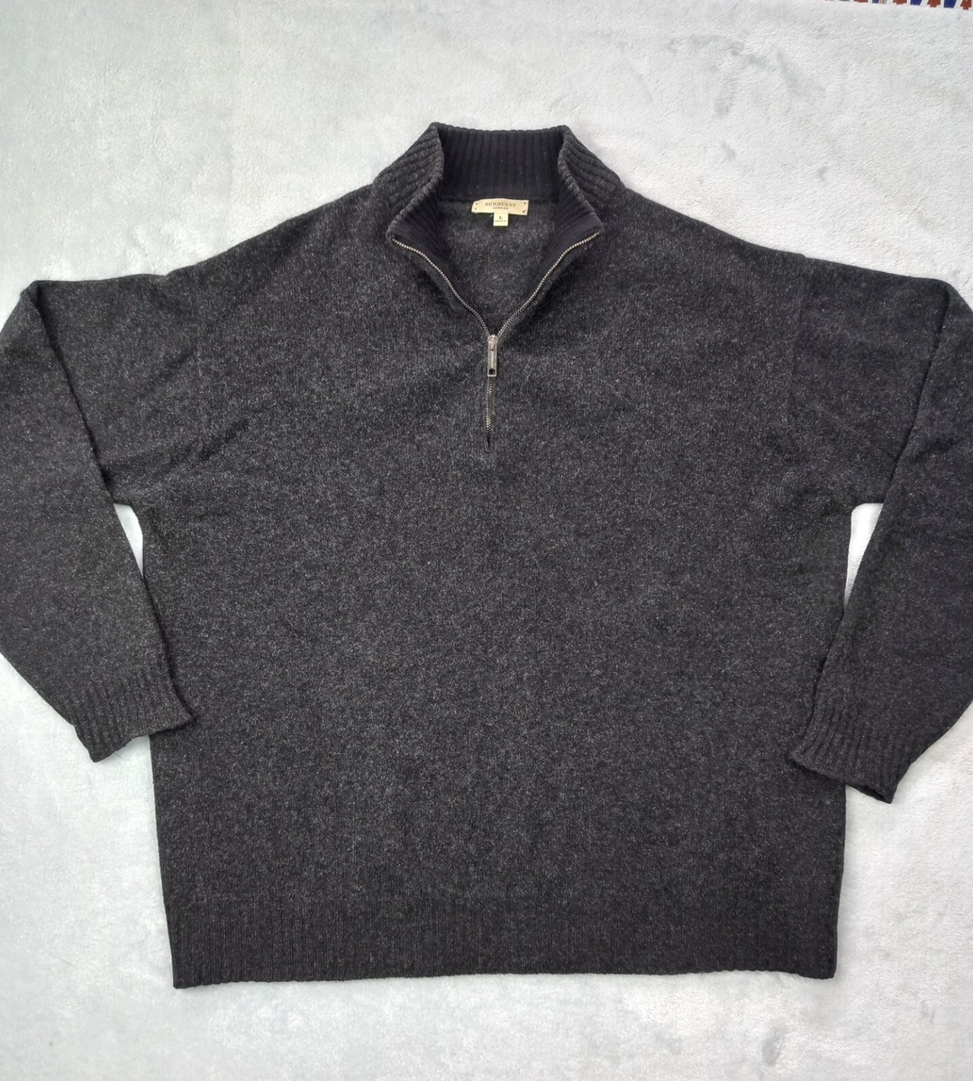 Burberry London 1/4 Zip Pullover 100% Lambswool Sweater Black Mens