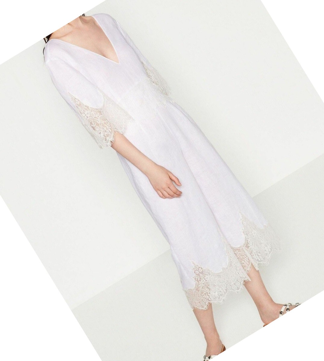 ZARA 100% LINEN OFF WHITE JUMPSUIT LACE ROMANTIC BOHO CHIC SUMMER