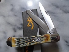 Browning Burnt Jig Bone 2 Blade Trapper Pocket Knife Folder BR0551B 4" Closed