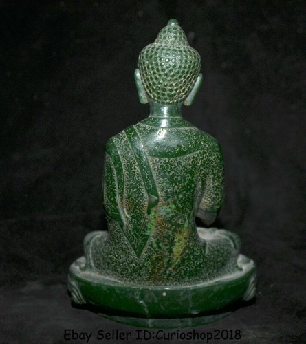 8" Old Natural Green Jade Carving Tibet Shakyamuni Amitabha Buddha Robe Statue - Picture 10 of 10