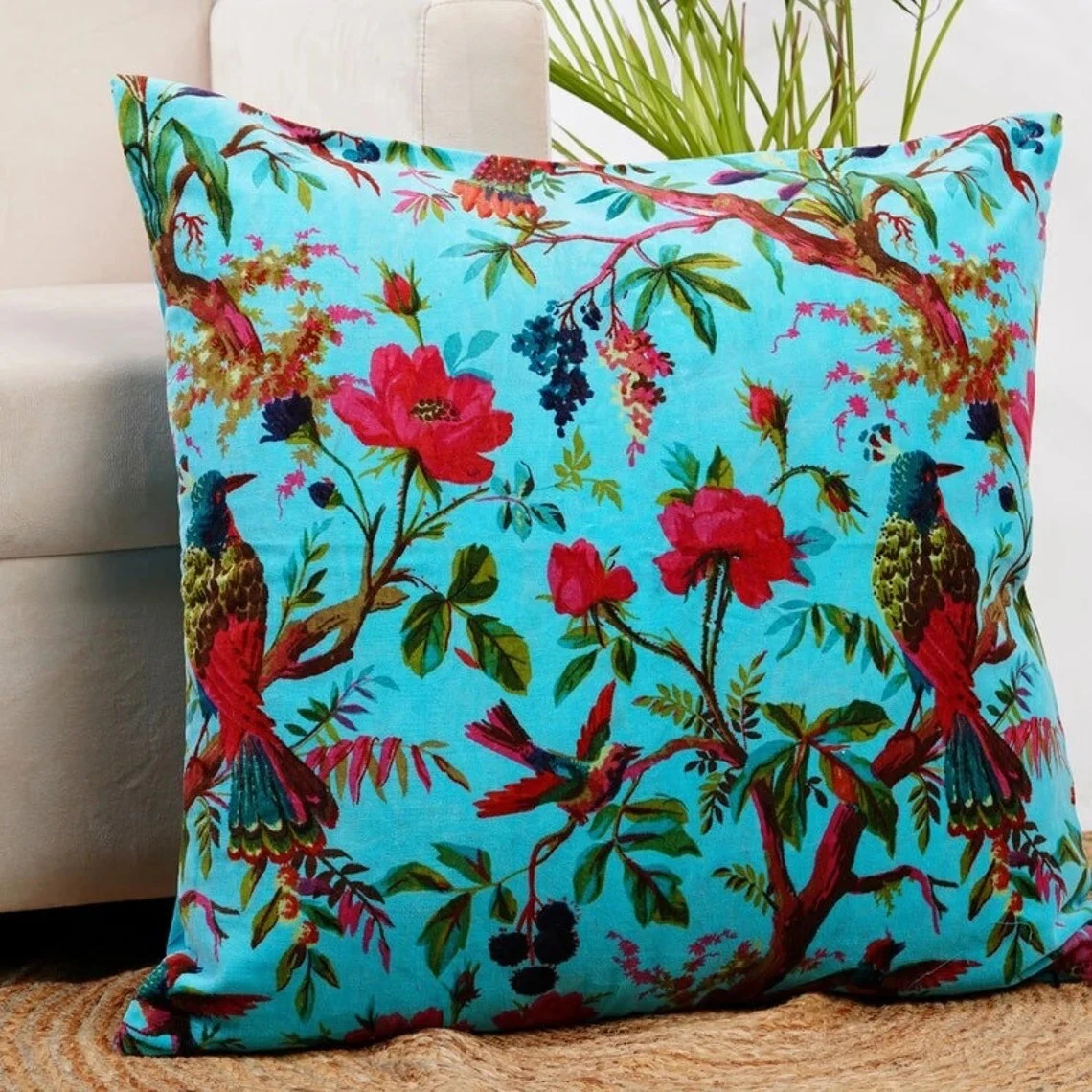 Blue Velvet Bird Cushion Cover Pillow Throw Cover Ethnic Indien Home Decorative