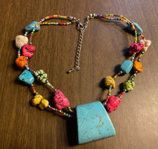 Multi Color Statement Beaded Nugget  Faux Turquoise Silver tone Necklace 15 "