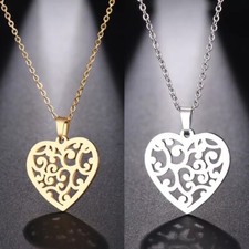 Love Heart Filigree Pendant Necklace Stainless Steel Silver or Gold N189