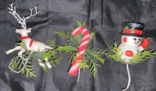 Christmas vintage flower picks lot of 3 Snowman Reindeer Candy Cane Greenery
