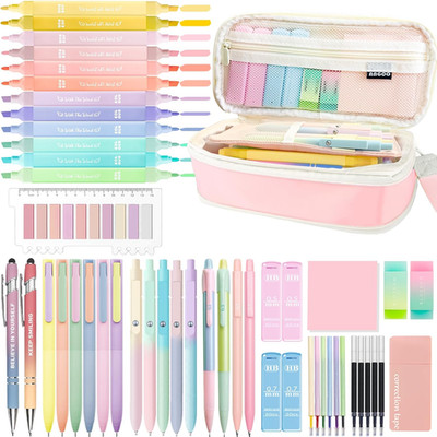 53PCS Aesthetic School Supplies with Large Pencil Case,12 Pastel Highlighters,5
