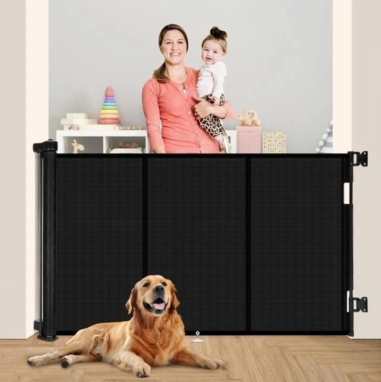 71" Retractable Baby Gates with Reinforced Fiber Bar Design, 42" Tall, Black NEW