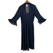 CALIFORNIA DYNASTY 2pc Robe Nightgown Set Lace Trim Large Black X334