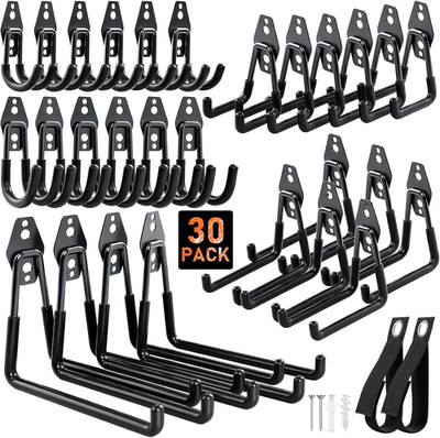 Steel Garage Hooks - 30Pack Anti-Slip Coating, Heavy Duty Wall Mount Hooks for B