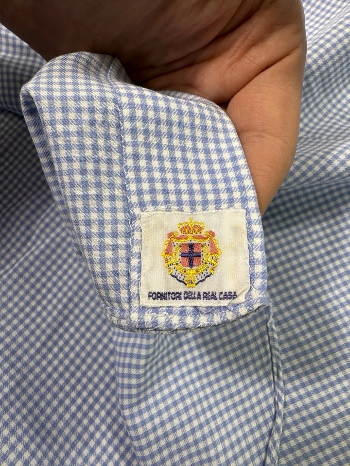 BORRELLI NAPOLI Made Italy Shirt Men 40" Chest Button Up Blue Gingham Luxury - Image 4 of 4