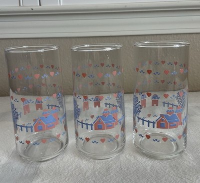 Vintage Set 3 Glasses Libbey Pastel Blue Pink Hearts House Tree Tumbler Glasses