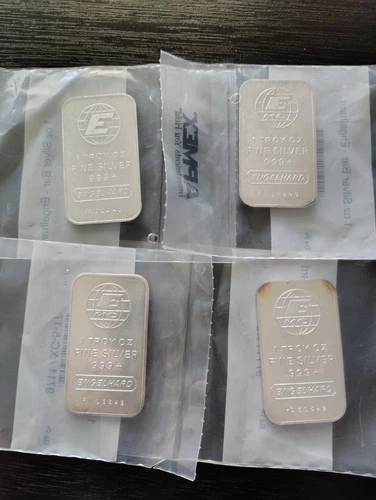 Four Vintage Engelhard 1 Troy Ounce Fine Silver .999+ Bars