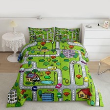Twin Size Playing Car Bedding Set Boys Girls Road Traffic Comforter Set for S...