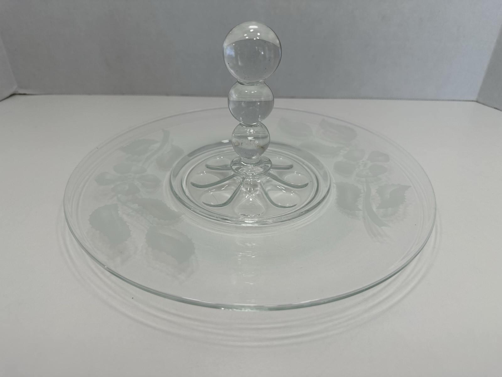 Vintage Clear Glass Bubble Handle Decorative Serving Tray Etched Flowers 11”