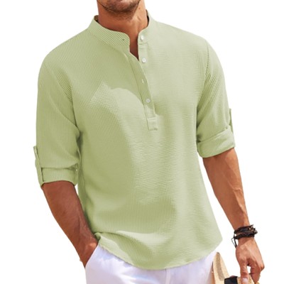 2025 NEU Herren Stehkragenhemd Freizeithemd mit Knopfleiste Shirt schlicht Basic
