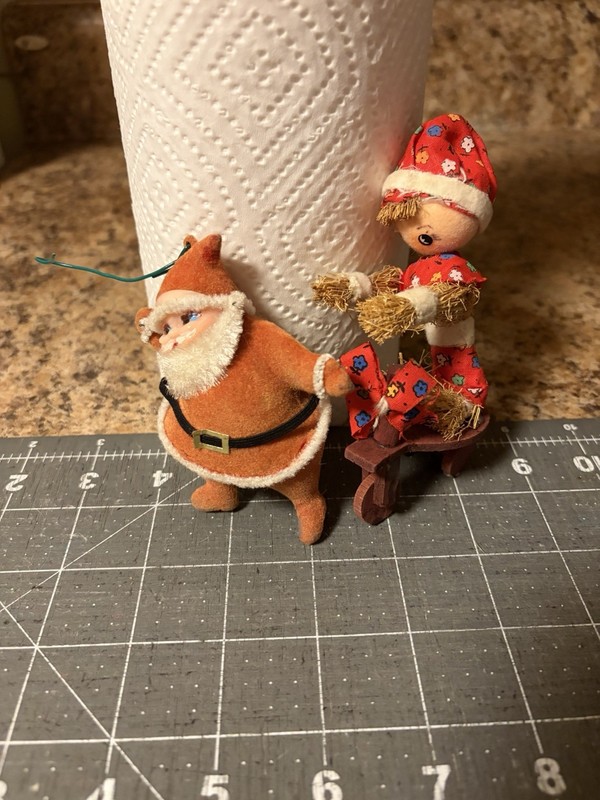 Vintage MCM Christmas Ornament Straw Elf Spun Cotton Wood Scooter & Flocked Sant