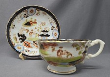 Unmarked British Cup  Saucer Hand Decorated Transferware C. 1860s