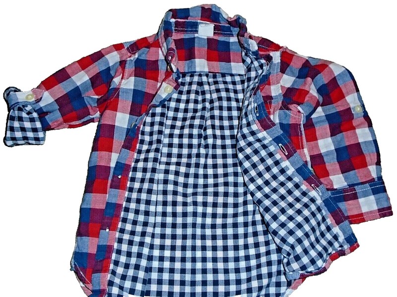 8P BABY GAP 3T Plaid Oxford Button Up Down Shirt Roll Up Sleeves Red White Blue