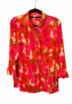 Jones New York Women s 1X Pink Orange Floral Sheer Button Up Blouse Plus Size