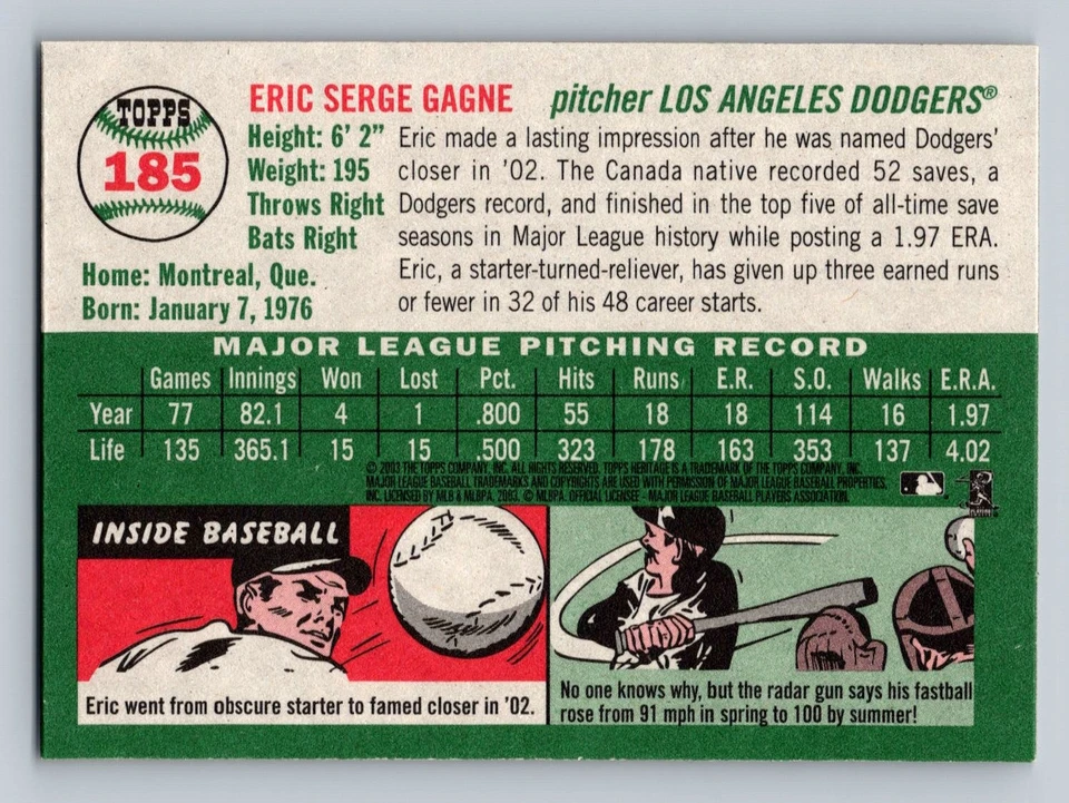 2003 Topps Heritage #185 Eric Gagne Los Angeles Dodgers - NM/MT - Image 2 of 2