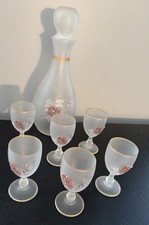 Vtg.  Pink Rose Rhinestone Frosted Glass Gold Etched Decanter6 Cordial 7 Pcs