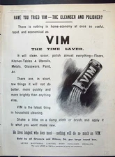 Old Advertisement 1904 Vim Cleaning Powder Lever Brothers Port Sunlig 20th