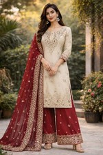Exclusive Heavy Silk Beige Top Palazzo With Dupatta For Women Party Wear