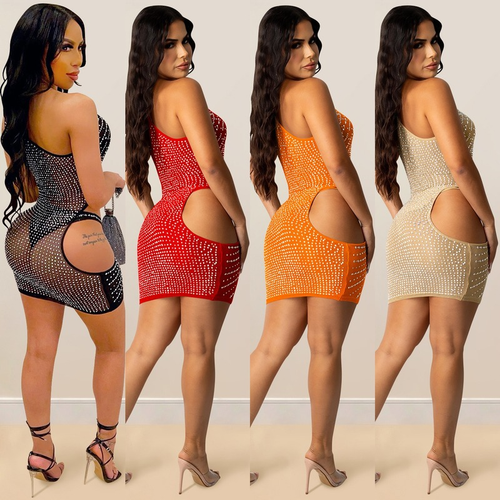 Sexy Women's One-shoulder Rhinestone Mesh Hollow Out Night Club Party Mini Dress - Picture 2 of 16