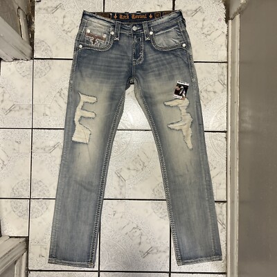New Rock Revival  Creston  Slim Straight Denim Distressed Jeans Men s Size 32