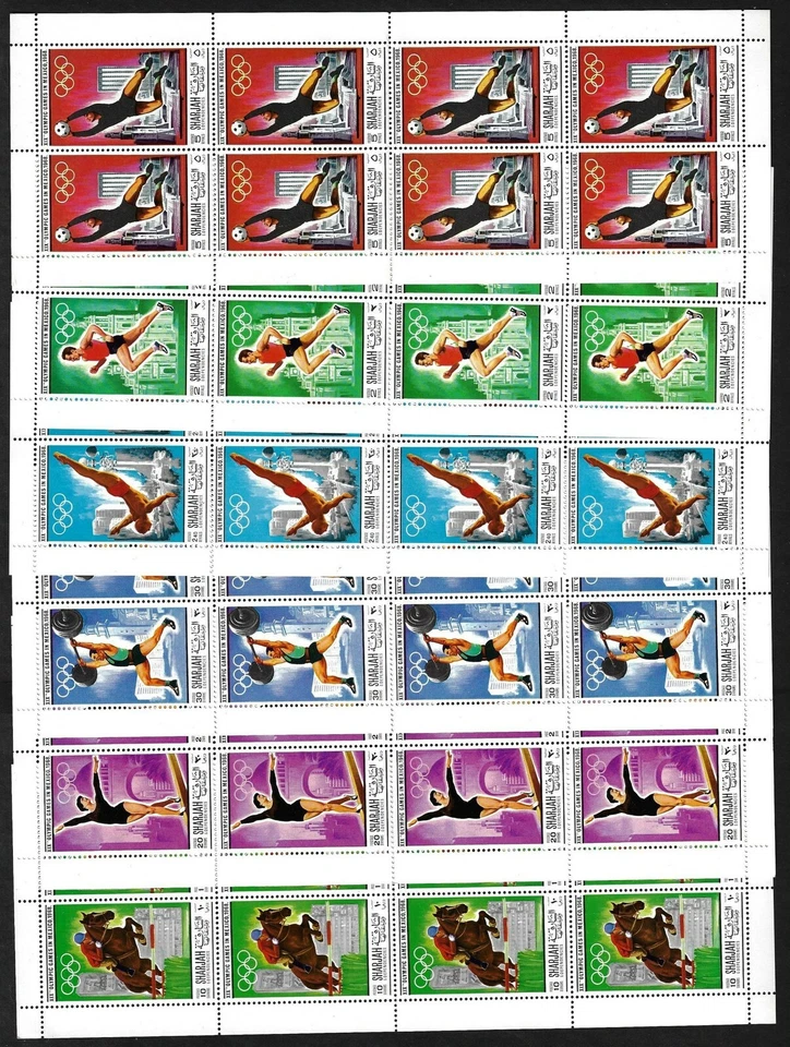 Emiratos Árabes Unidos Sharjah 1968 Juegos Olímpicos México JUEGO COMPLETO EN HOJA DE 10 + 4 SS NH Foto 2 de 2