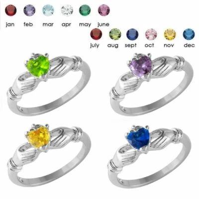 Silberner Claddagh Ring 925 Sterling Silber Herz Birthstone CZ Stein - Bild 1 von 4