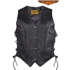Women's Longer Cut Black Leather Motorcycle Vest w/ Concealed Carry Pockets