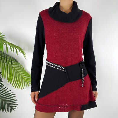Vintage Y2K Red Cottagecore Boho Winter Knit Cowl Sweater Mini Tunic Dress  / L