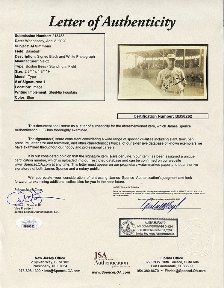 1939 Al Simmons Signed Original Boston Bees TYPE 1 Photo JSA - Image 4 of 4