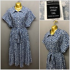 SHEIN Women's Navy Floral Belted Retro Pleated Dress XL Collared