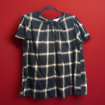 TIME AND TRU Navy Plaid Flutter Sleeve Top Blouse Size XL | 16-18