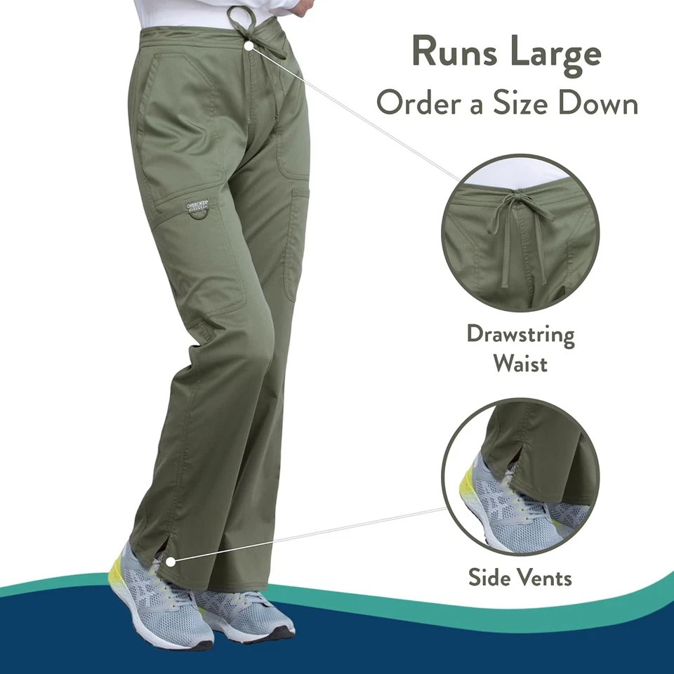 Cherokee Women Scrubs Pant Workwear Revolution Mid Rise Moderate Flare Olive  - Image 3 of 4